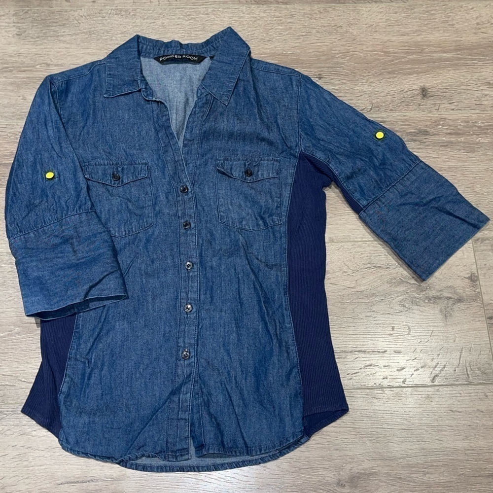 [Powder Room] Chambray Mixed Media Button Down Shirt - Blue - S